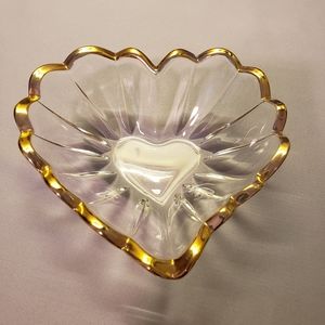 Vtg Candy/Nut/Trinket Dish 22K Gold Rim Crystal Heart